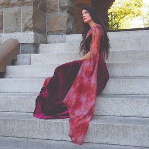 Burgundy Velvet /Floral Georgette Medieval Gown